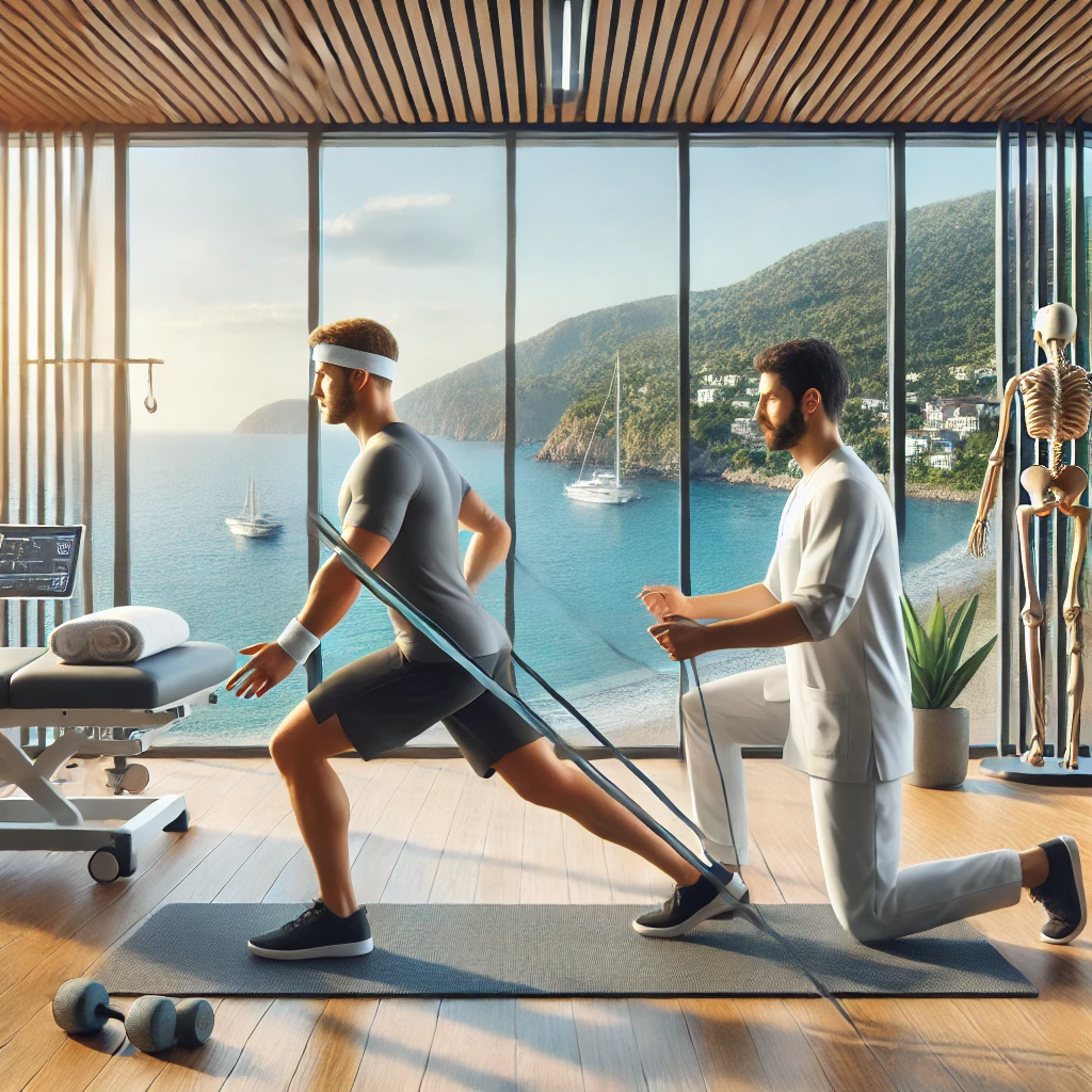 Antalya ve Alanya’da Ortopedik ve Sportif Rehabilitasyonun Avantajları Antalya veya Alanya'da modern bir klinikte fizyoterapist eşliğinde direnç bantlarıyla denge egzersizi yapan hasta.