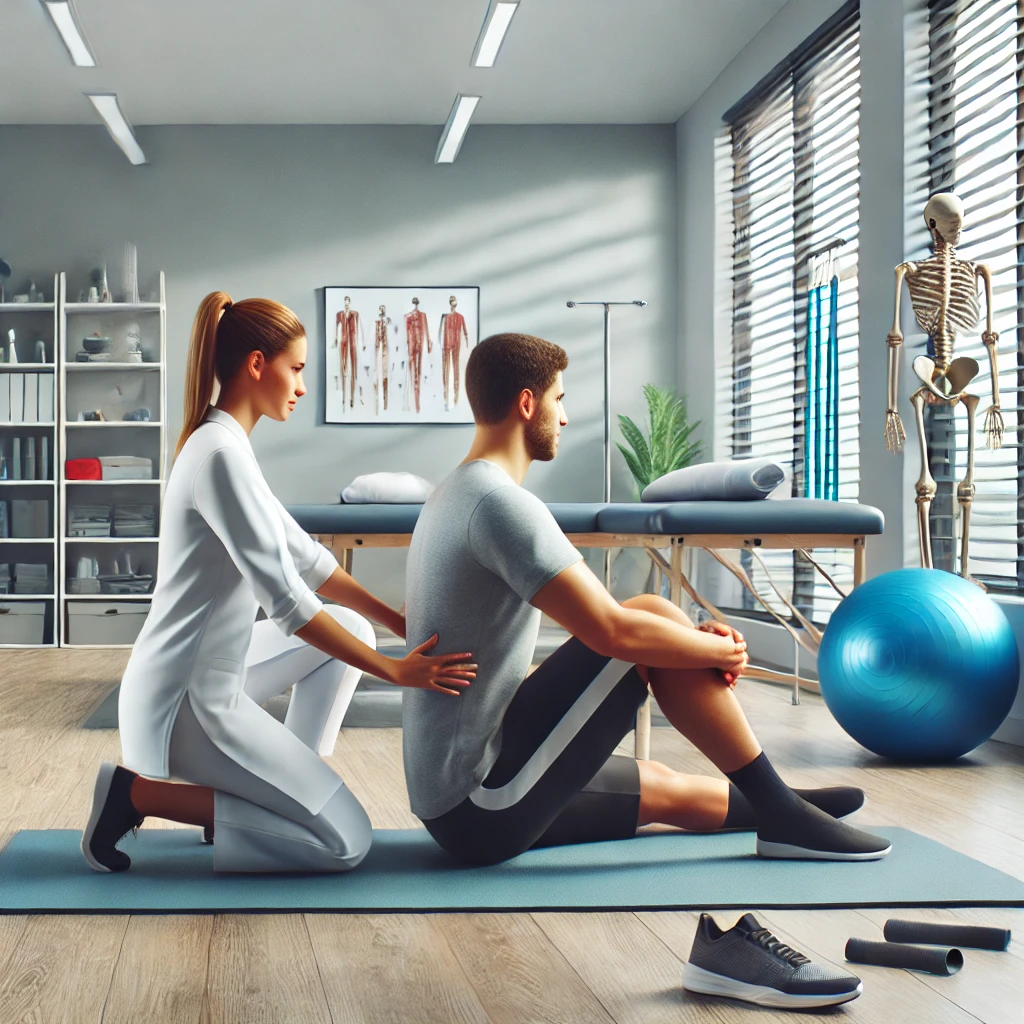 Fizyoterapi ile Bel ve Boyun Ağrısı Tedavisi Fizyoterapist eşliğinde modern bir klinikte egzersiz yapan hasta.