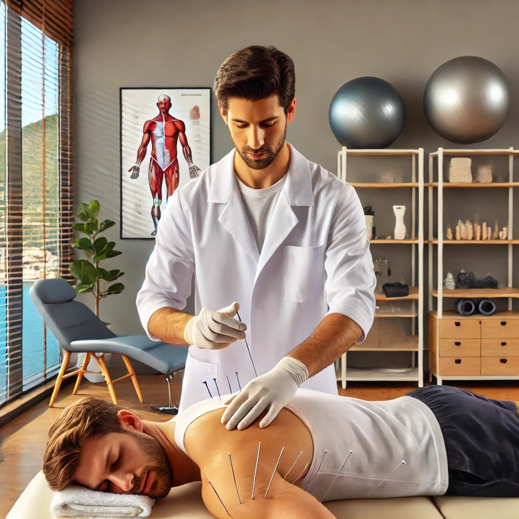 Kuru İğneleme Antalya ve Alanya Antalya'da modern bir klinikte kuru iğneleme terapisi uygulayan fizyoterapist.