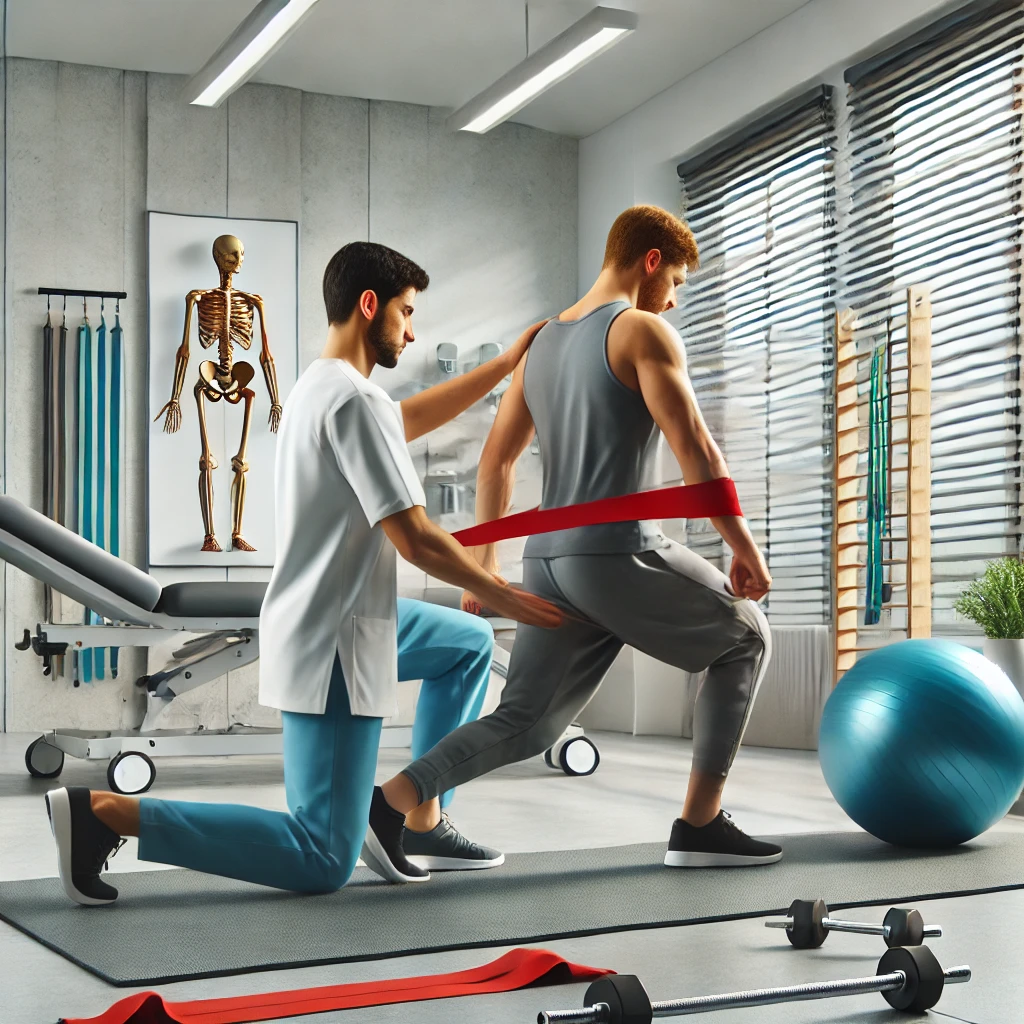 Fizyoterapi ile Hareket ve Güç Kazanın Fizyoterapist eşliğinde modern bir klinikte rehabilitasyon egzersizleri yapan hasta.