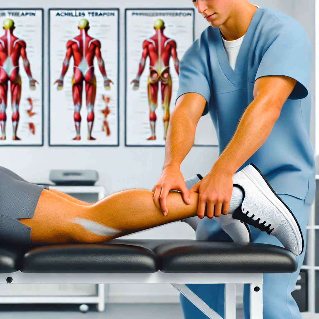 Aşil Tendonu Rehabilitasyonu İçin Fizyoterapi Kliniği Görseli Modern bir fizyoterapi kliniğinde Aşil tendon rehabilitasyonu uygulayan fizyoterapist