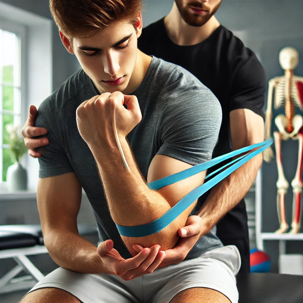 Genç Fizyoterapist ile Dirsek ve Önkol Bağ Yaralanmalarında Rehabilitasyon Dirsek ve önkol bağ yaralanması için genç erkek fizyoterapist tarafından yapılan rehabilitasyon egzersizi
