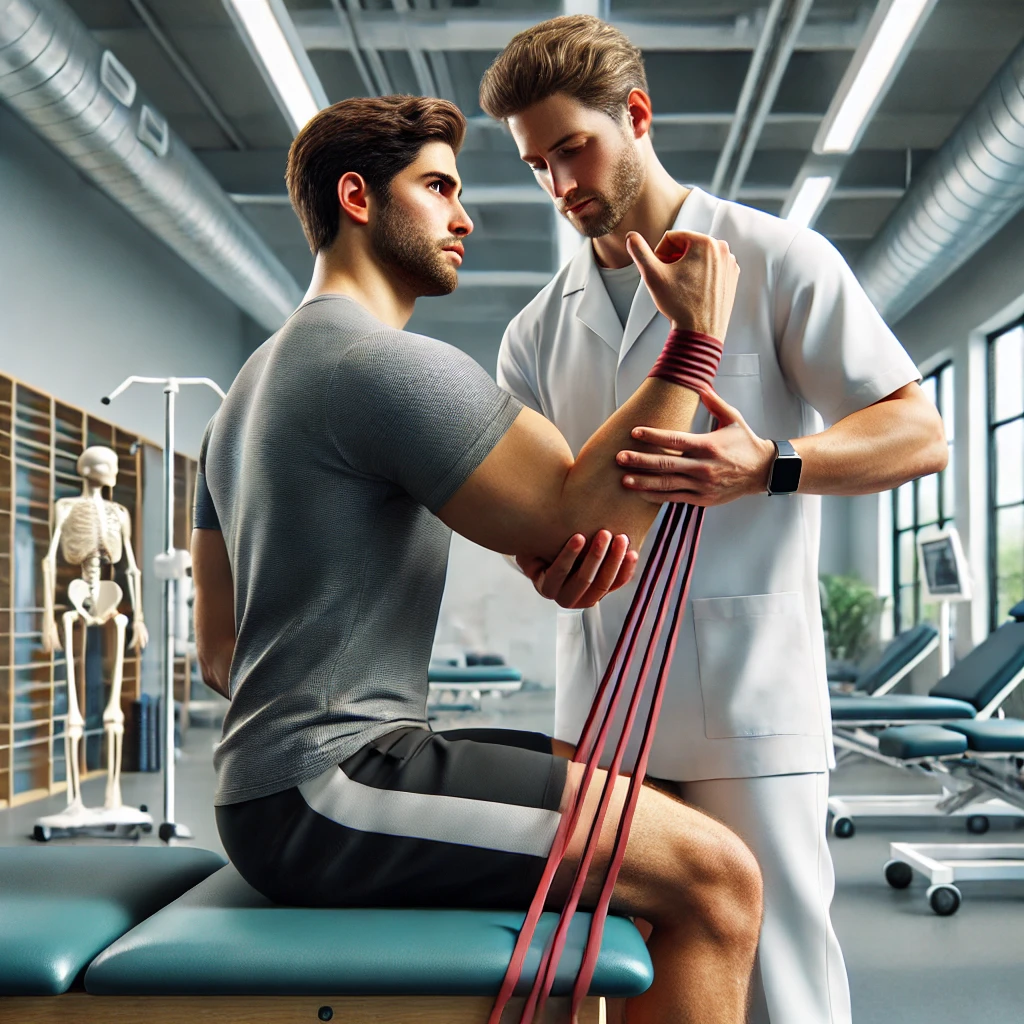 Dirsek ve Önkol Kırıkları ve Çıkıklarında Erkek Fizyoterapist ile Rehabilitasyon Dirsek ve önkol kırığı veya çıkığı sonrası erkek fizyoterapist tarafından yapılan direnç bandı egzersizi