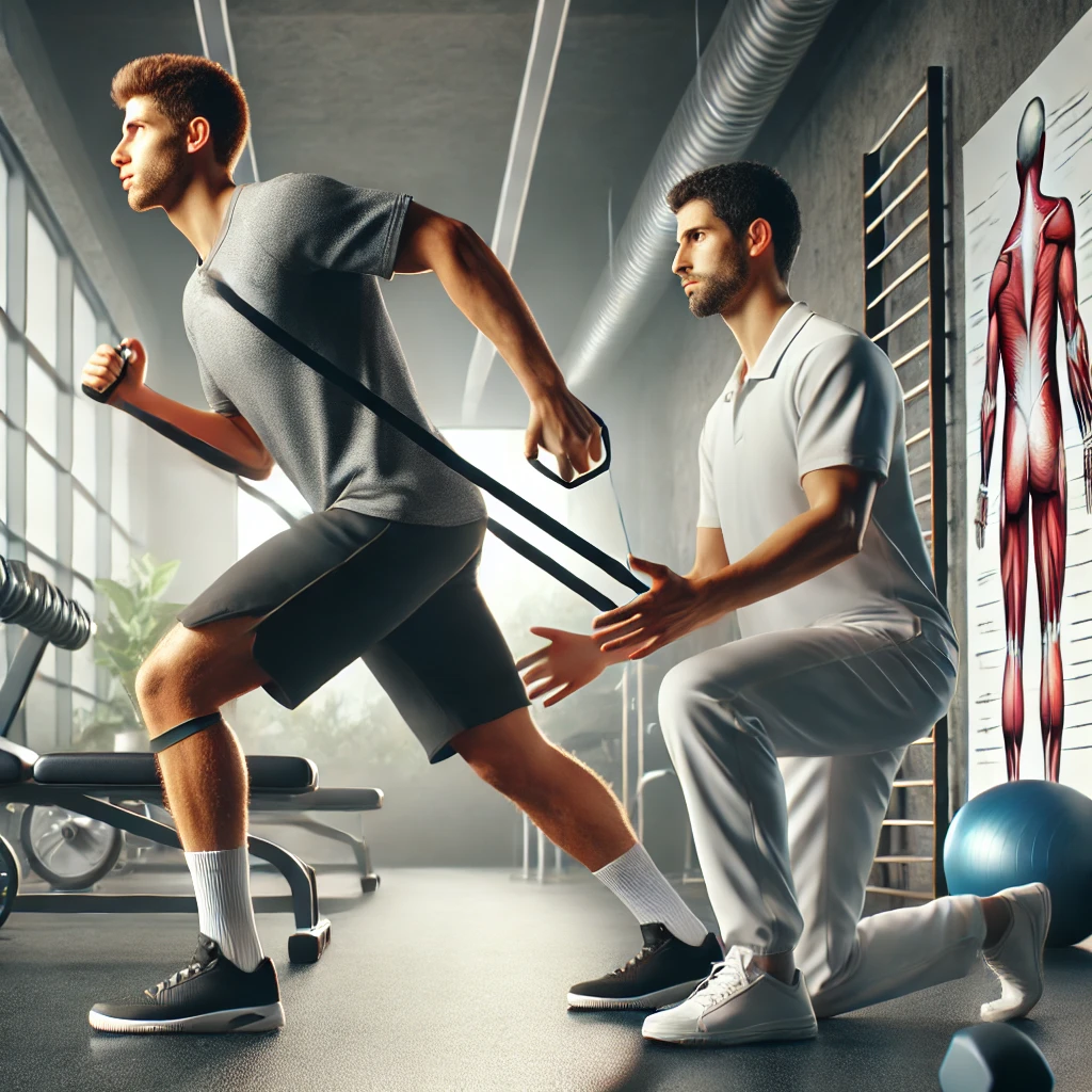 Ekstremite Yaralanmalarında Spora Güvenli Dönüş Alt ekstremite yaralanması sonrası rehabilitasyon yapan sporcu ve fizyoterapist.