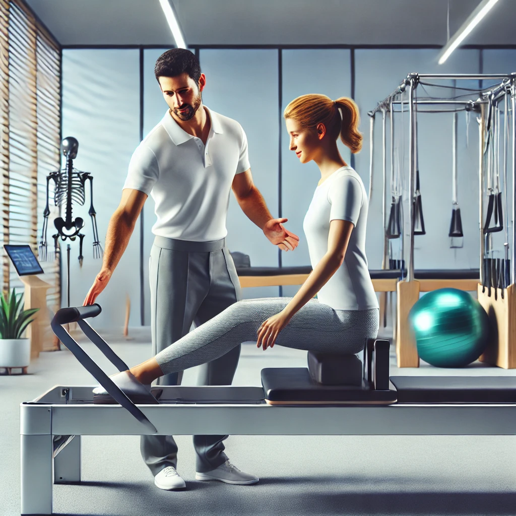 Klinik Pilates ile Güçlendirme ve Rehabilitasyon Klinik Pilates reformer cihazında fizyoterapist eşliğinde egzersiz yapan hasta.