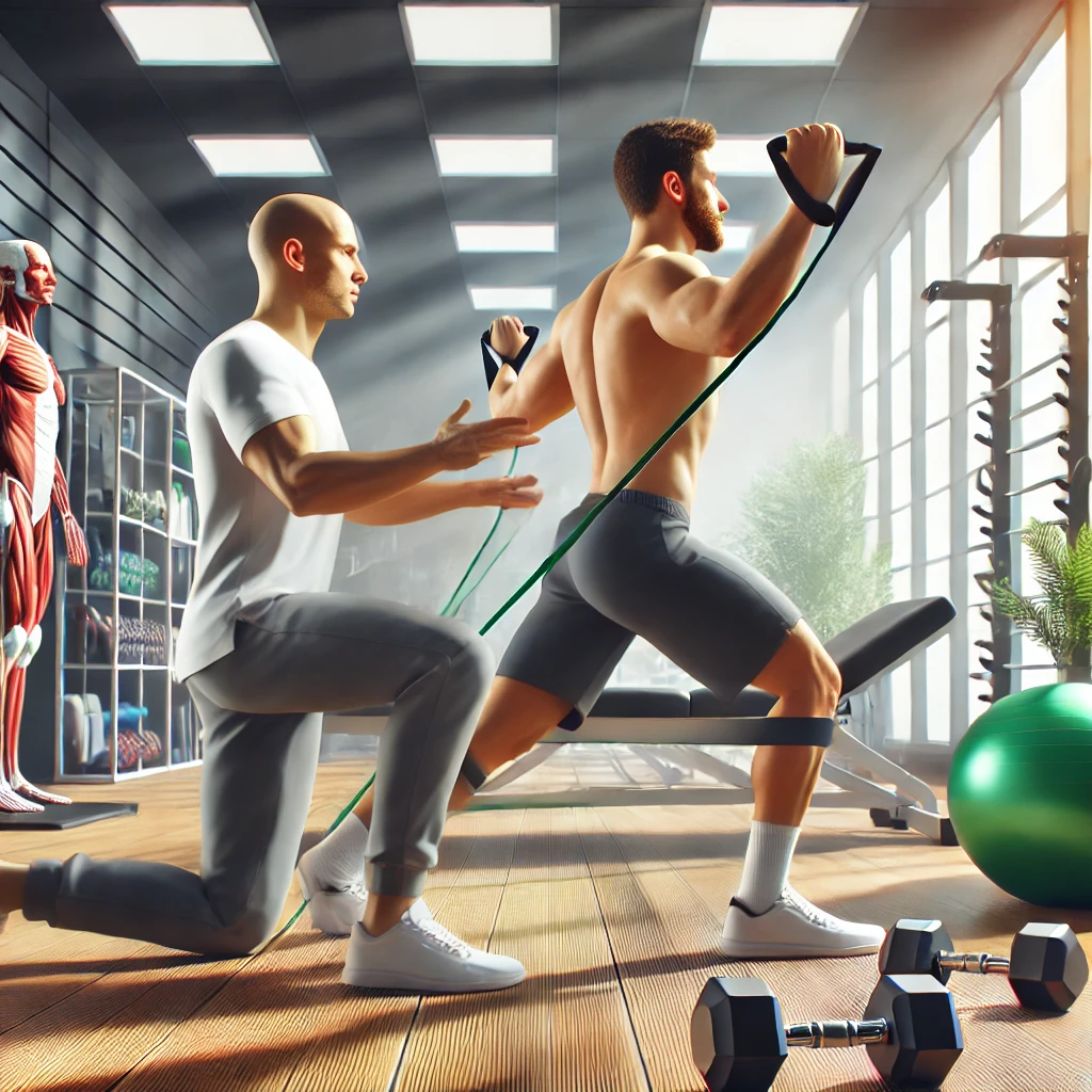 Fizyoterapide Kuvvet Eğitimi Fizyoterapi seansında kuvvet eğitimi yapan hasta ve fizyoterapist.