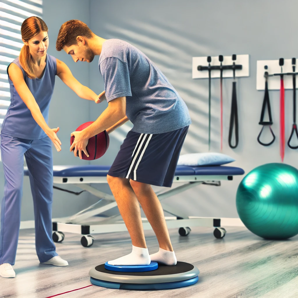 Nöromusküler Eğitimde Denge ve Koordinasyon Fizyoterapist ile nöromüsküler eğitim yapan hasta, denge tahtası üzerinde.