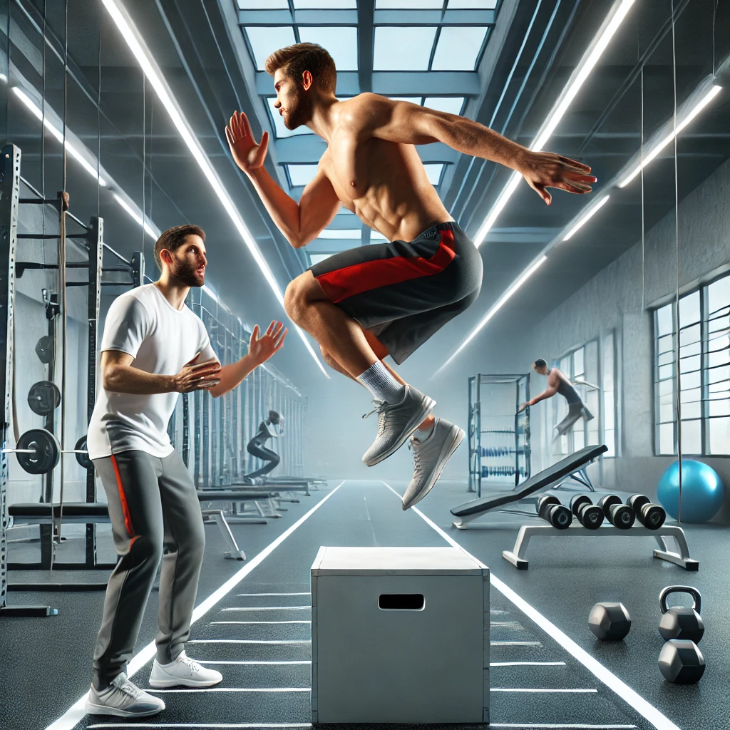 Pliometrik Eğitim ile Patlayıcı Güç ve Kas Kuvveti Fizyoterapist gözetiminde pliometrik antrenman yapan sporcu, kutu zıplaması egzersizi.