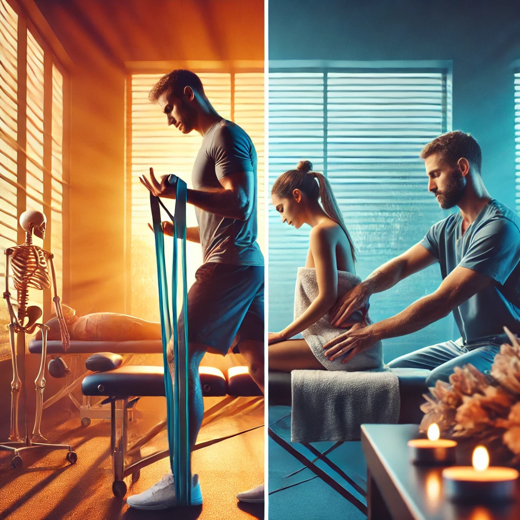 Fizyoterapi ve Masaj Terapisinin Farklı Yaklaşımları Fizyoterapist ve masaj terapistinin çalışırken gösterildiği ikiye bölünmüş dinamik görsel