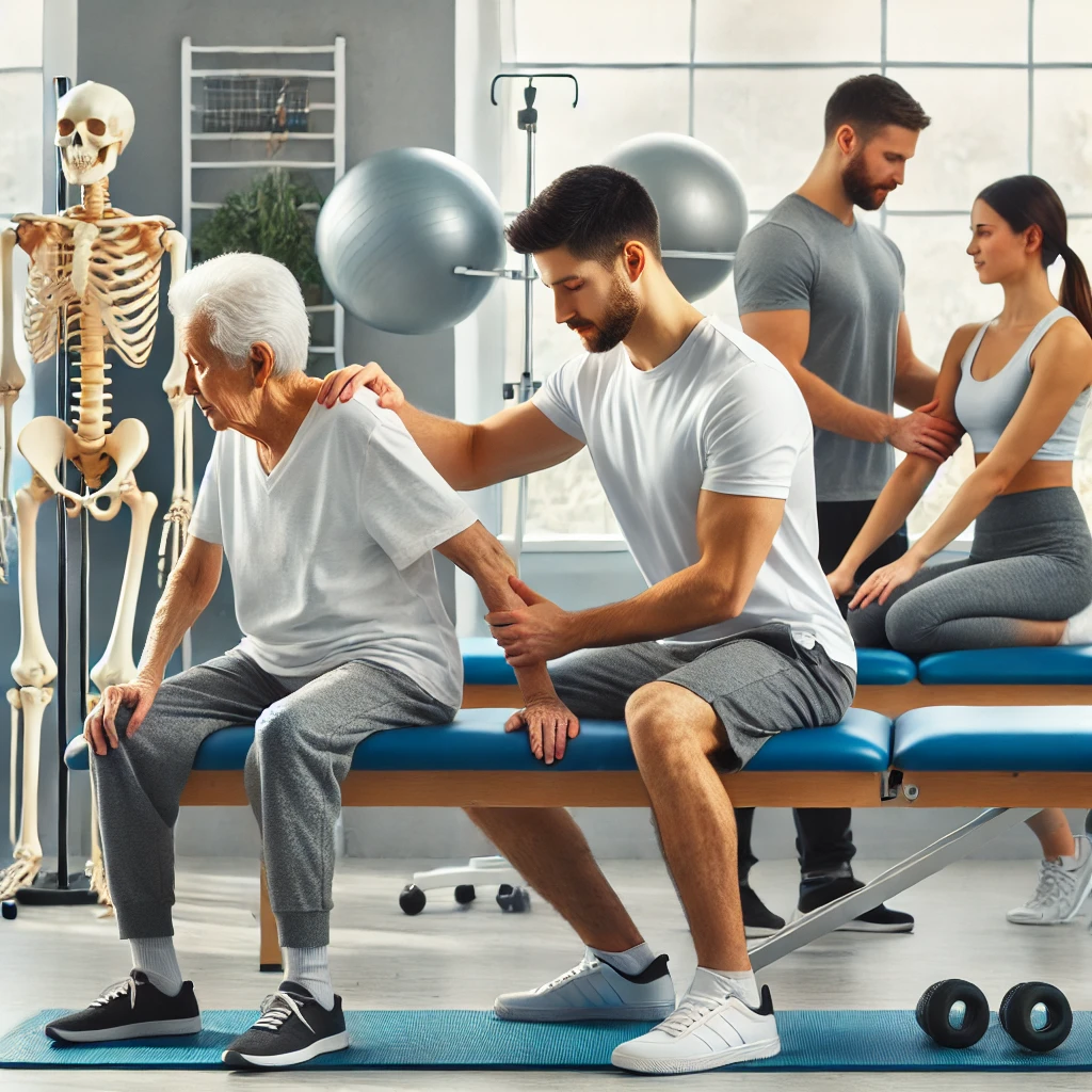 Fizyoterapi Seansı – Erkek Fizyoterapist ile Kişiselleştirilmiş Tedavi Erkek fizyoterapist, modern bir klinikte farklı ihtiyaçları olan hastalarla fizyoterapi seansı gerçekleştiriyor.