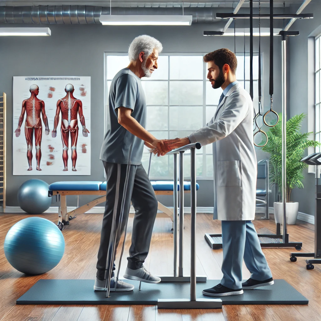 Parkinson Hastaları İçin Rehabilitasyon Görseli Parkinson hastası bir yaşlıya denge egzersizi yaptıran fizyoterapist