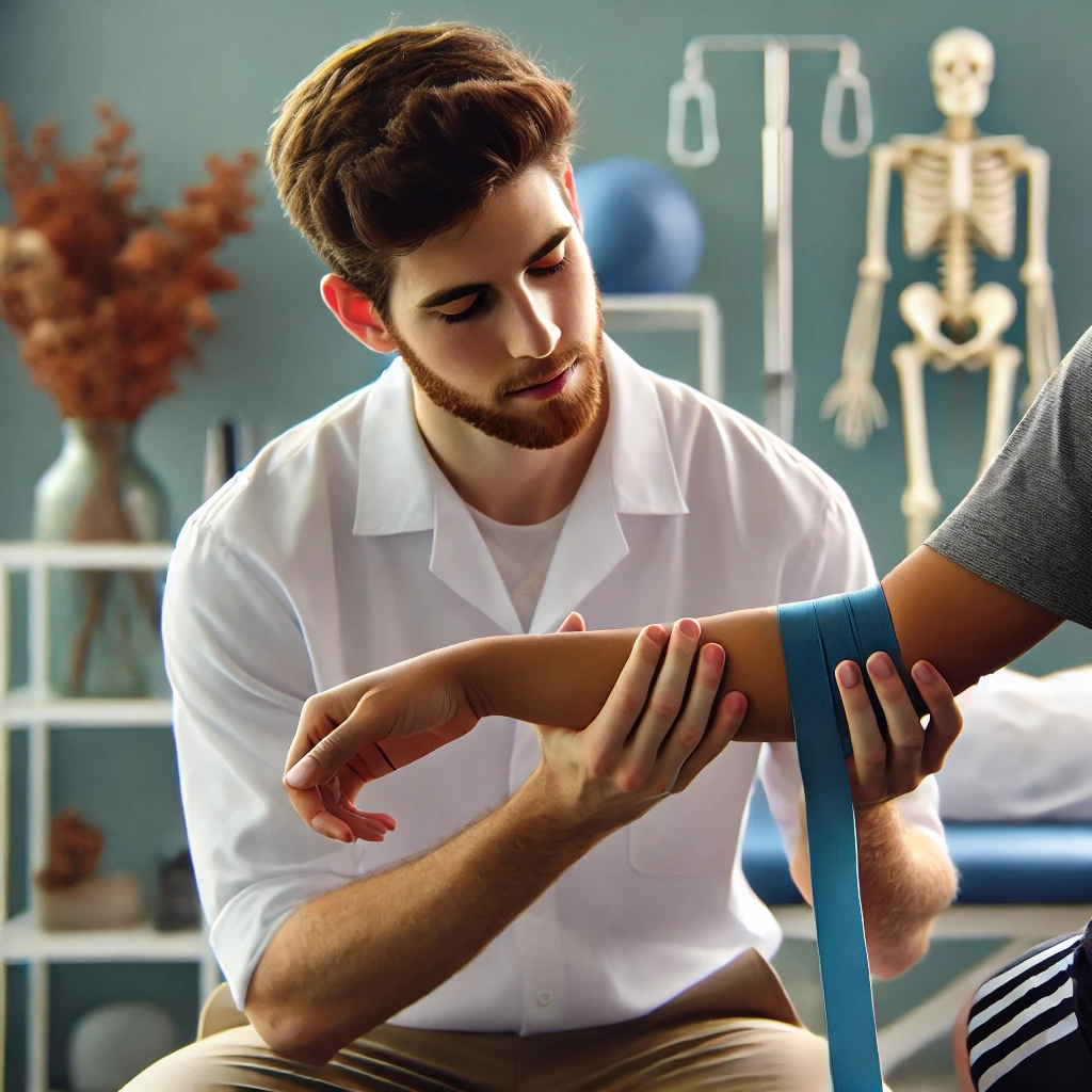 Sert Dirsek Rehabilitasyonu için El Bileği Güçlendirme Egzersizi Sert dirsek rehabilitasyonu için egzersiz yaptıran genç fizyoterapist