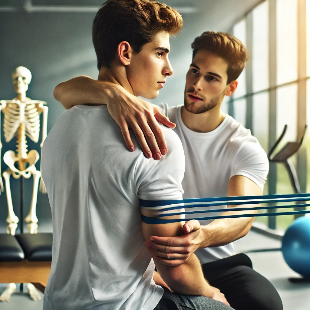 Skapula, Omuz ve Kol Kırıklarında Genç Fizyoterapist ile Rehabilitasyon Skapula, omuz veya kol kırığı sonrası genç fizyoterapist tarafından uygulanan rehabilitasyon egzersizi