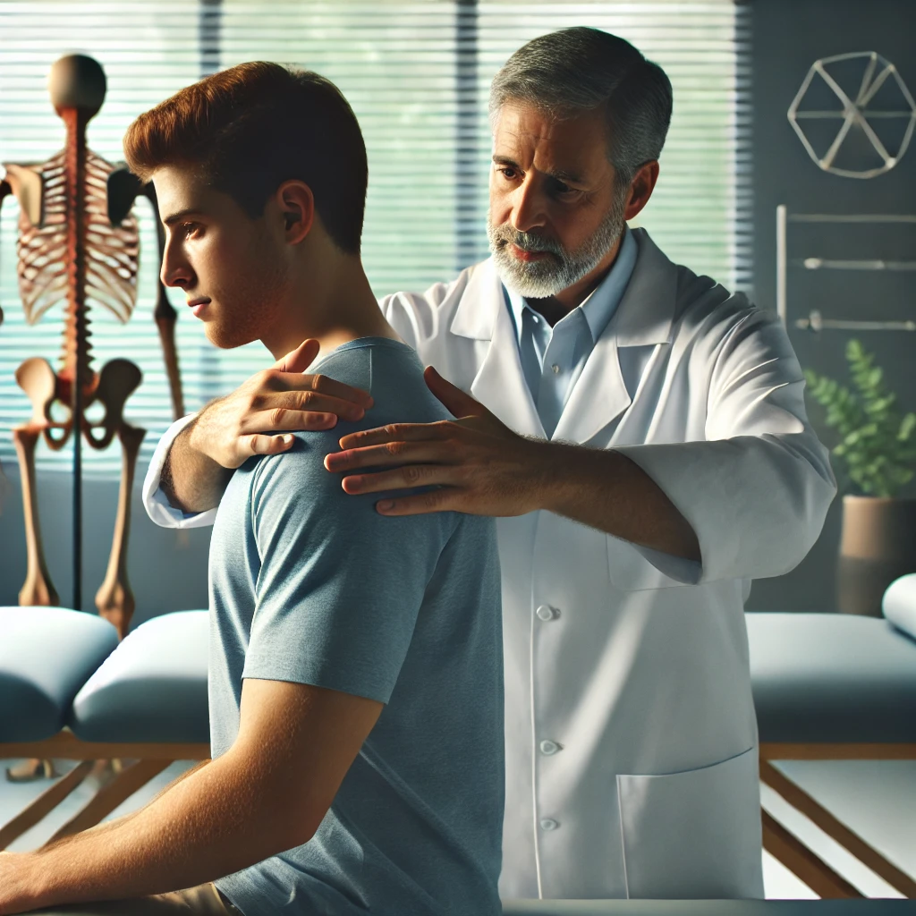 Torasik Outlet Sendromu (TOS) için Omuz ve Boyun Egzersizi Görseli Torasik Outlet Sendromu (TOS) hastasına omuz ve boyun egzersizi yaptıran fizyoterapist